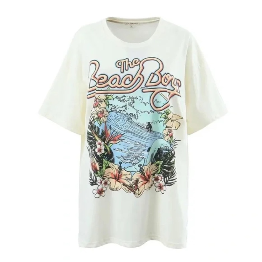SOLD OUT Ivory The Beach Boys Tropical Beach Graphic Short Sleeve Oversized - Picture 3 of 4